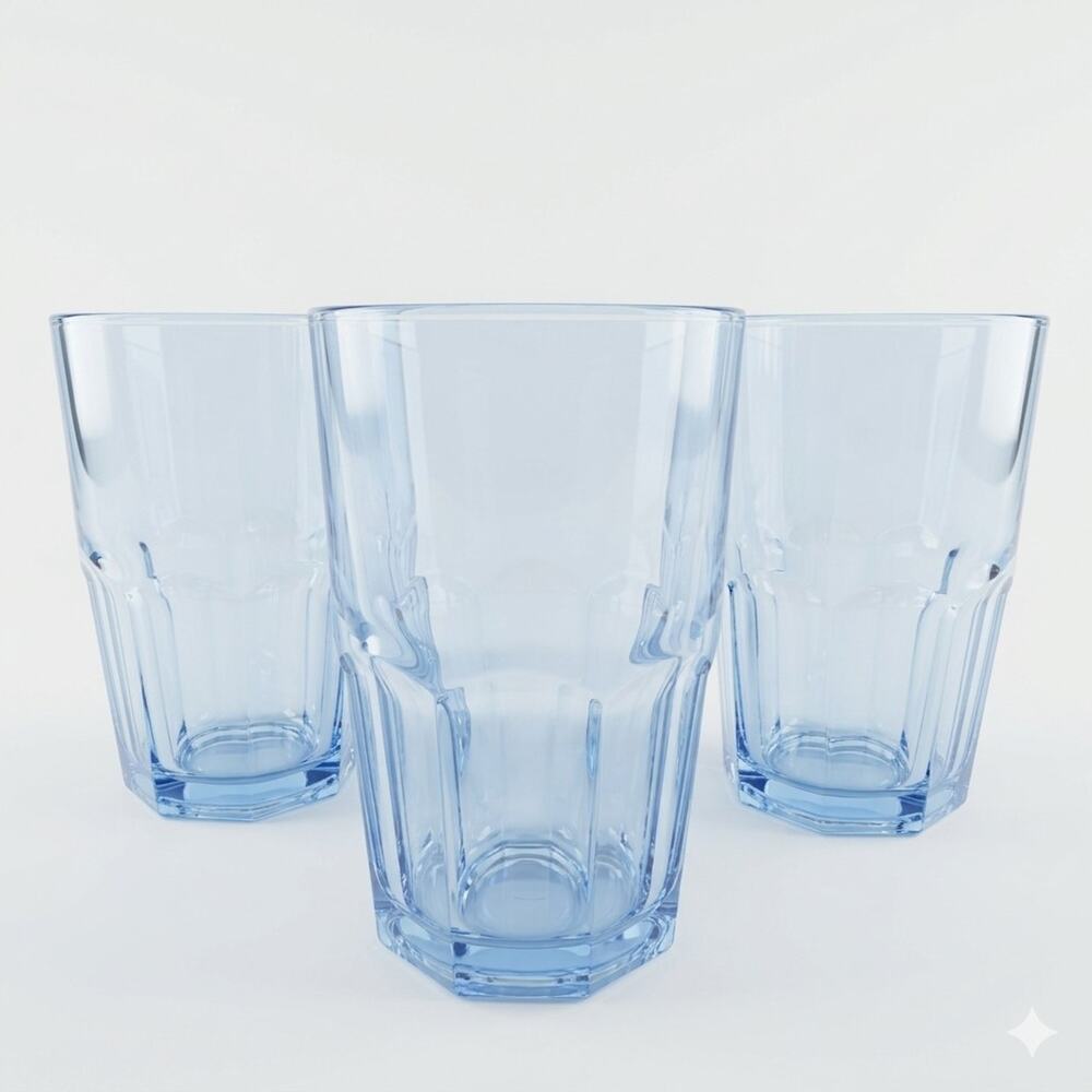Vtg Libbey Crisa Ice Blue Drinking Glass 8 Paneled 5.5” Tumbler Boston Set Of 3